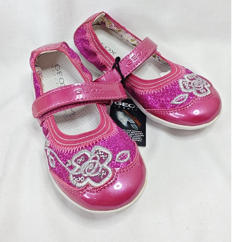 Geox Jodie Ballerina Flat Pink Glitter Floral Mary‎ Jane Shoes 10 US 27 EU New